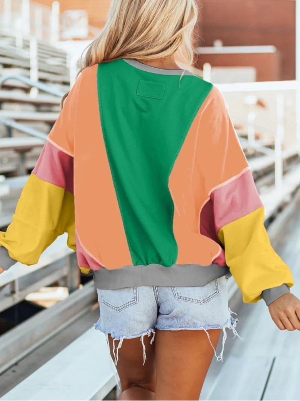 Long Sleeve Oversized Tops Colorblock Patchwork Exposed StitchingPullover 2XL - Picture 5 of 6